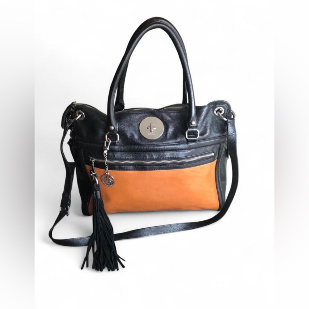 DKNY SHOULDER SHOPPER TRAVEL HOBO TOTE HANDBAG TASSEL COLOR BLOCK LEATHER